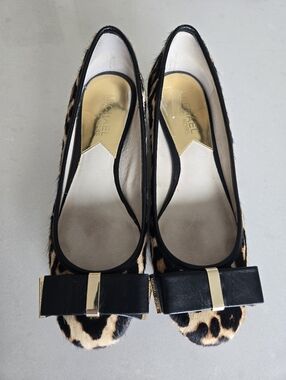 Michael Kors Leopard Calf Hair Bow Ballet Block Low Heels - Black & Tan